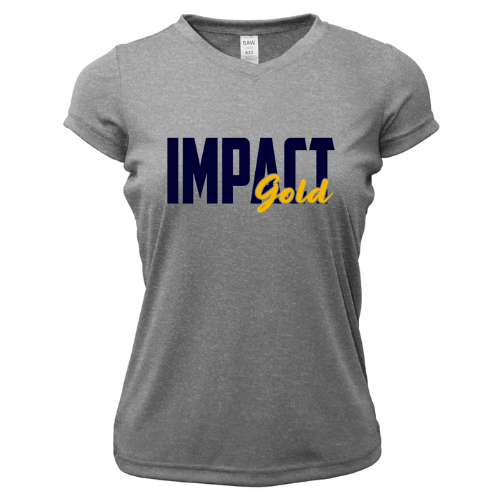 Ladies V-Neck Short Sleeve Dri-Fit IMPACT Gold Block Logo