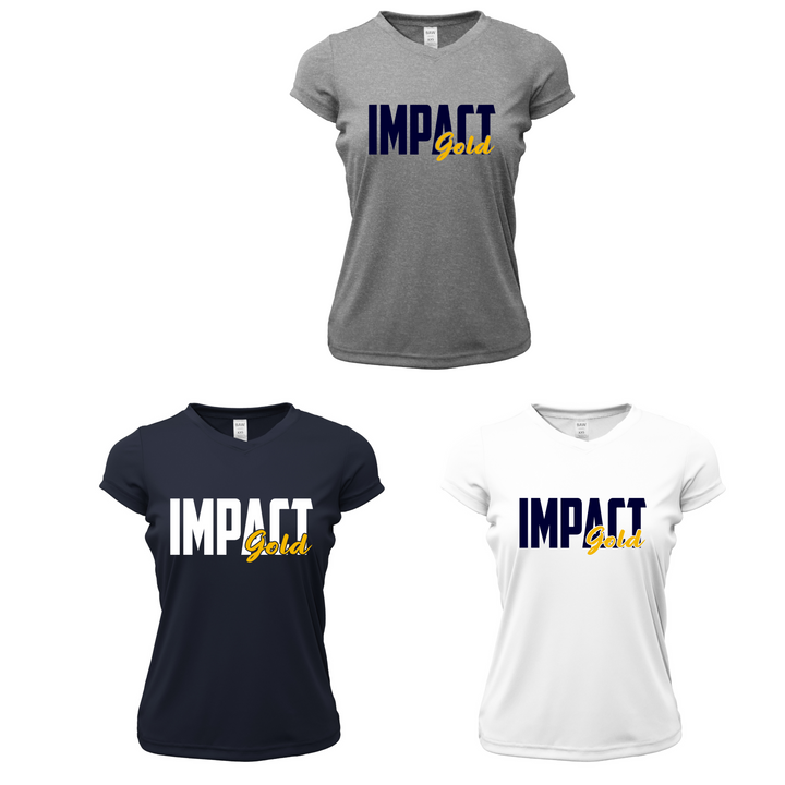 Ladies V-Neck Short Sleeve Dri-Fit IMPACT Gold Block Logo